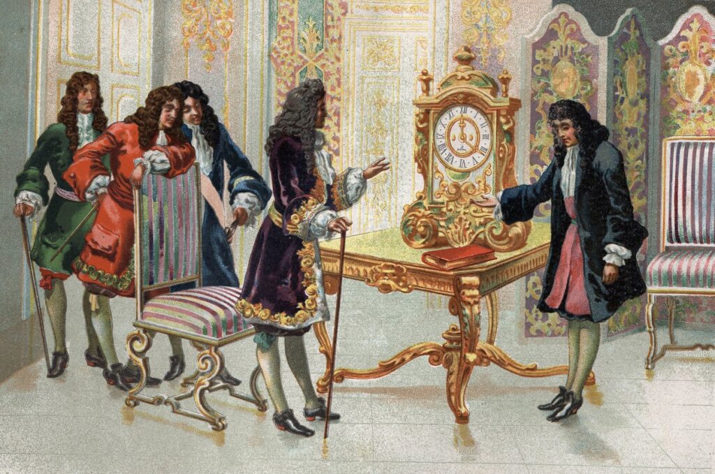 Christiaan Huygens presenteert zijn klok aan Lodewijk XIV.