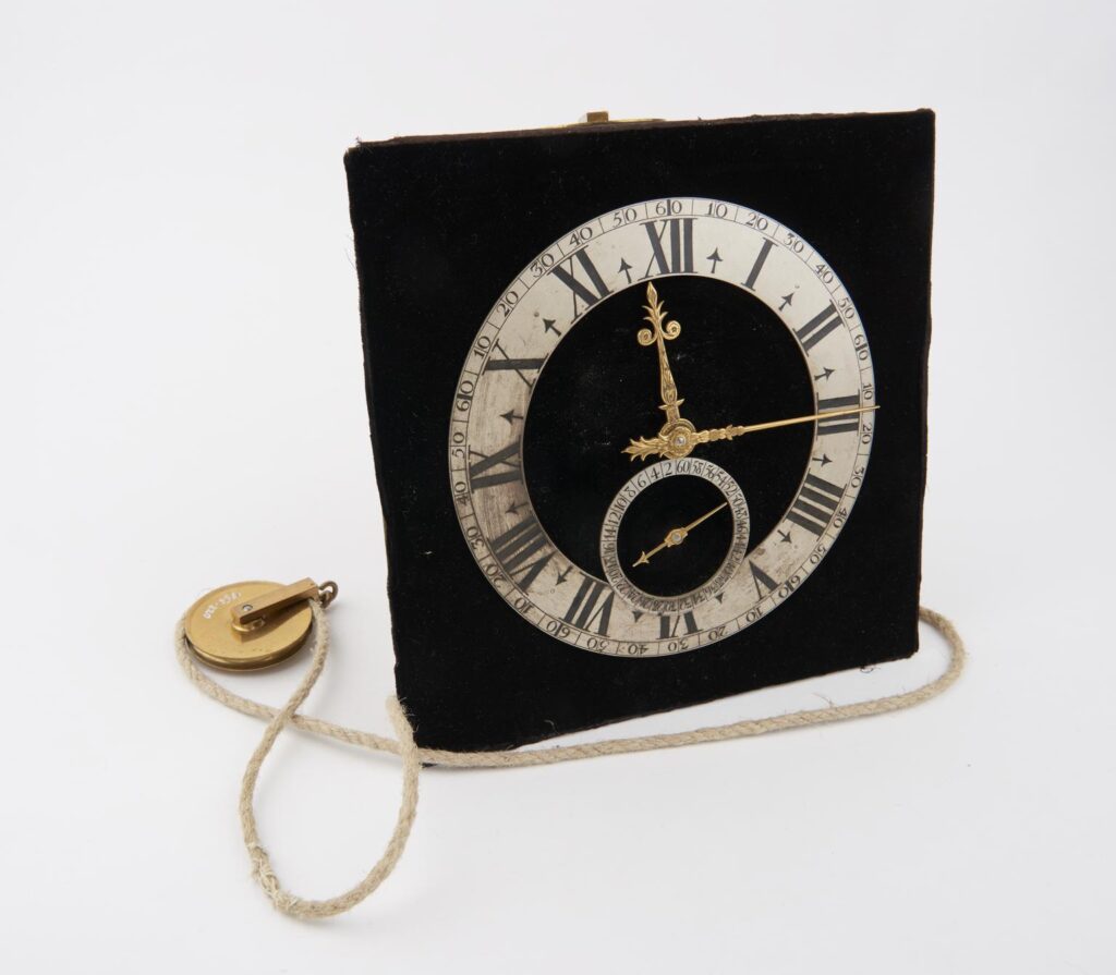 Model van een pendulum klok van Huygens uit 1658.